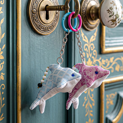 Handmade keychains, 'Dreamy Fins' (set of 2) - Marine-Themed 2-Piece Pale Blue & Pink Dolphin Keychain Set