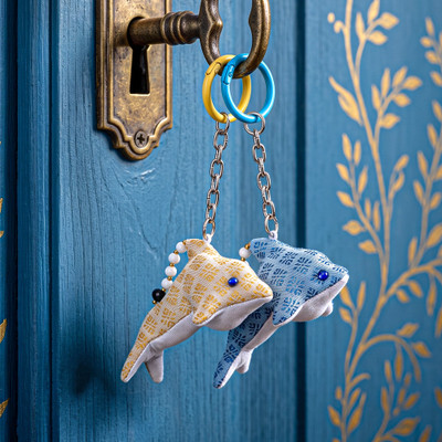 Handmade keychains, 'Pacific Fins' (set of 2) - Lanna-Patterned 2-Piece Yellow & Blue Dolphin Keychain Set