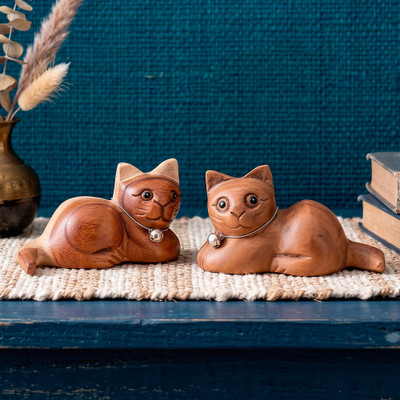 Wood figurines, 'Twin Whiskers' (pair) - Hand-Carved Cat-Themed Raintree Wood Figurine Pair in Brown