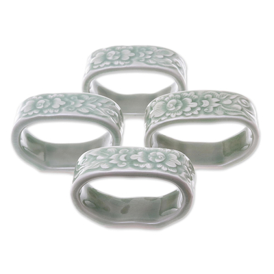 Celadon ceramic napkin rings, 'New Growth' (set of 4) - Celadon ceramic napkin rings (Set of 4)