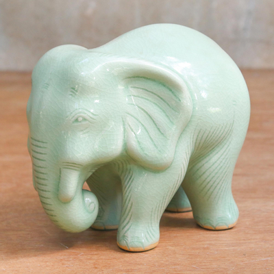 Celadon ceramic figurine, 'Elephant Power & Tranquility' - Handcrafted Celadon Ceramic Sculpture