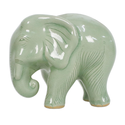 Celadon ceramic figurine, 'Elephant Power & Tranquility' - Handcrafted Celadon Ceramic Sculpture