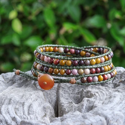 Jasper and carnelian wrap bracelet, 'Earthy Melody' - Boho-Style Green Leather Wrap Bracelet with Jasper Jewels