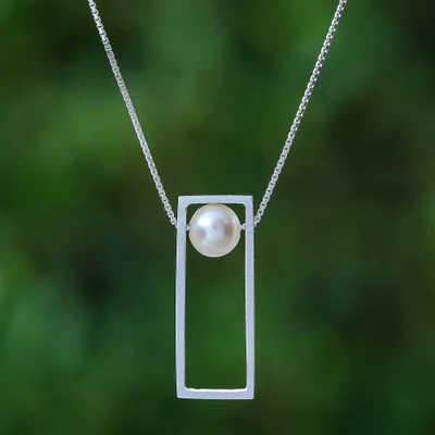 Cultured pearl pendant necklace, 'Secrets of the Portal' - Brushed-Satin Rectangular Pendant Necklace with White Pearl