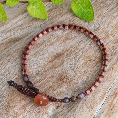 Multi-gemstone beaded wristband bracelet, 'Jewels of Autumn' - Autumn-Palette Dark Brown Bracelet with Multi-Gemstone Band