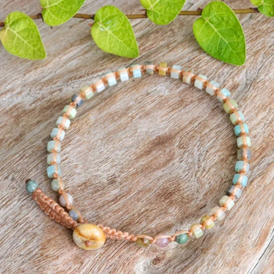 Jasper and amazonite beaded wristband bracelet, 'Jewels of Harmony' - River-Inspired Jasper and Amazonite Beaded Macrame Bracelet