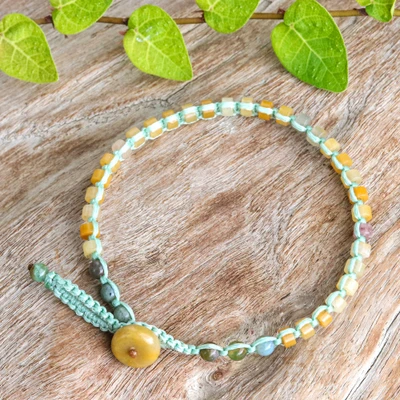 Jasper and agate beaded wristband bracelet, 'Jewels of Dew' - Boho-Style Jasper and Agate Bracelet in Blue and Orange Hues