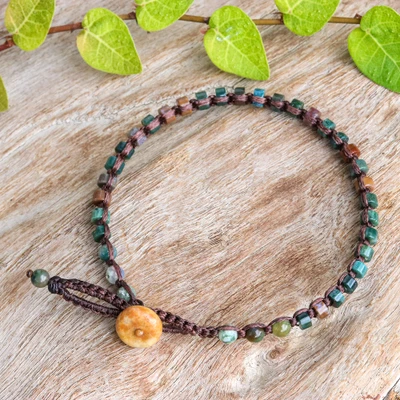 Agate beaded wristband bracelet, 'Jewels in the Mountains' - Agate Gemstone Wristband Bracelet with Brown Macrame Band
