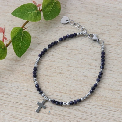 Beaded pendant bracelet, 'Blue Ever Faith' - Cross-Themed Stainless Steel Glass Beaded Pendant Bracelet