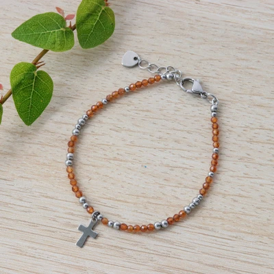 Chalcedony beaded pendant bracelet, 'Ever Faith' - Chalcedony Bracelet with Stainless Steel Cross Pendant