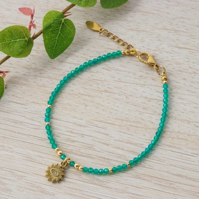 Gold-accented chalcedony beaded pendant bracelet, 'Aqua Guardian' - 18k Gold-Accented Green Chalcedony Evil Eye Pendant Bracelet