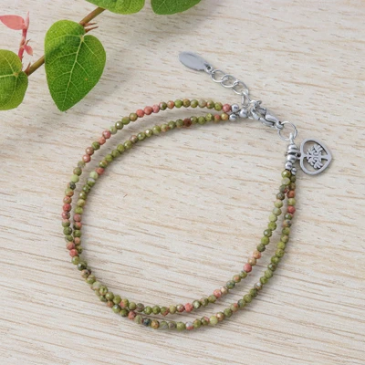 Unakite beaded strand bracelet, 'Heavenly Earth' - Tree of Life-Themed Natural Unakite Double-Strand Bracelet