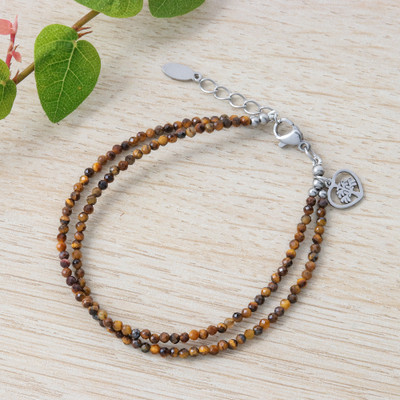 Tiger's eye beaded strand bracelet, 'Heavenly Sands' - Tiger's Eye Tree of Life Adjustable Double-Strand Bracelet