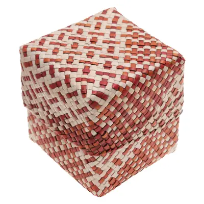 Natural fiber basket, 'Practical Cube' - Natural Fiber Lidded Square Basket in Beige Red and Orange
