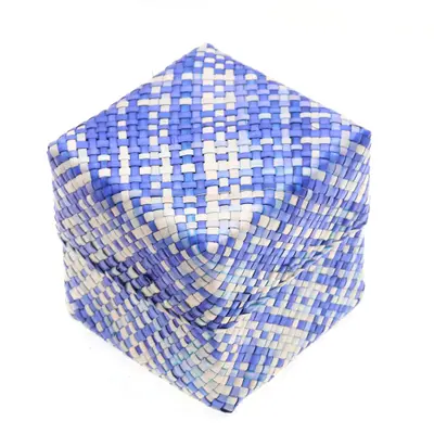 Natural fiber basket, 'Multipurpose Cube' - Cube Square Blue Hand-Woven Natural Fiber Basket with Lid