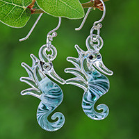 Handblown glass dangle earrings, 'Green Seahorse Dream' - Teal Seahorse-Themed Painted Handblown Glass Dangle Earrings