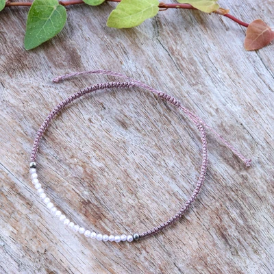 Rose quartz beaded macrame bracelet, 'Rose Delicacy' - Purple Macrame Bracelet with Natural Birthstone Rose Quartz