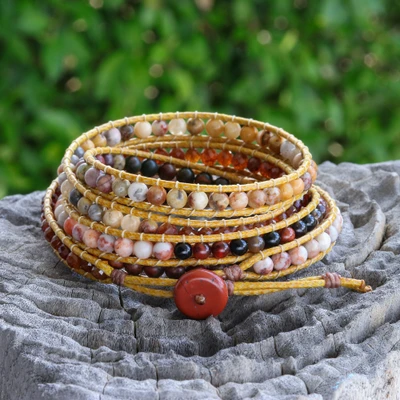 Multi-gemstone wrap bracelet, 'Liberated Earth' - Earthy-Toned Multi-Gemstone Wrap Bracelet with Leather Cords