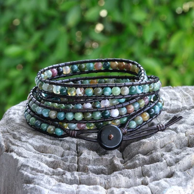 Agate wrap bracelet, 'Liberated Breeze' - Boho-Inspired Leather & Moss Agate Beaded Wrap Bracelet