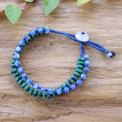 Multi-gemstone beaded strand bracelet, 'Amid Forests' - Two-Strand Bracelet with Green Zoisite and Blue Quartz Gems