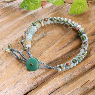 Multi-gemstone beaded strand bracelet, 'Forest Mist Duo' - Adjustable Amazonite Unakite Jasper Double-Strand Bracelet