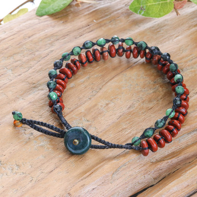 Jasper and zoisite beaded strand bracelet, 'Cedar Noir Duo' - Handcrafted Jasper and Zoisite Beaded Double-Strand Bracelet