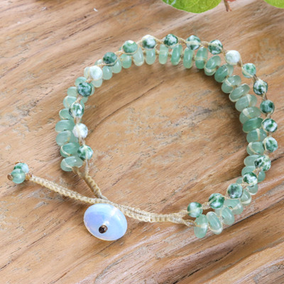 Aventurine and jasper beaded strand bracelet, 'Green Symphony Duo' - Aventurine and Jasper Strand Bracelet with Glass Bead Button