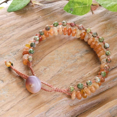 Multi-gemstone beaded strand bracelet, 'Sun Dune Duo' - Aventurine Unakite Two-Strand Bracelet with Carnelian Button