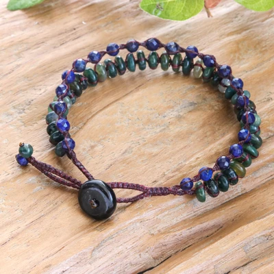 Lapis lazuli and agate beaded strand bracelet, 'Quiet Indigo Duo' - Double-Strand Bracelet with Lapis Lazuli and Agate Stones