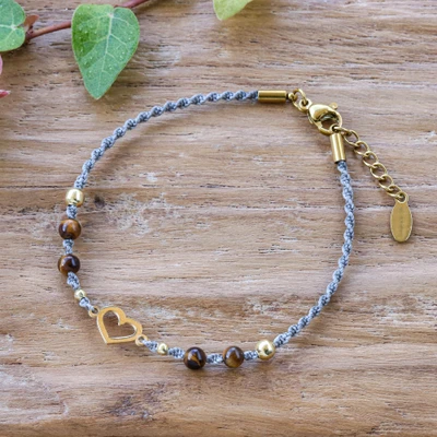 Gold-accented tiger's eye pendant bracelet, 'Roaring Love' - Heart-Themed 18k Gold-Accented Tiger's Eye Pendant Bracelet