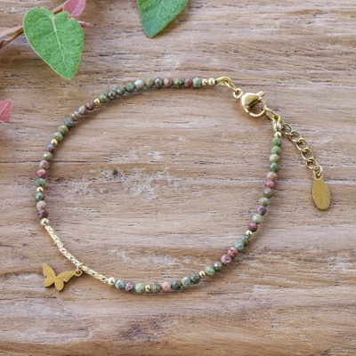 Gold-accented unakite beaded charm bracelet, 'Flutter My Soul' - Unakite Beaded Bracelet with 18k Gold-Plated Butterfly Charm