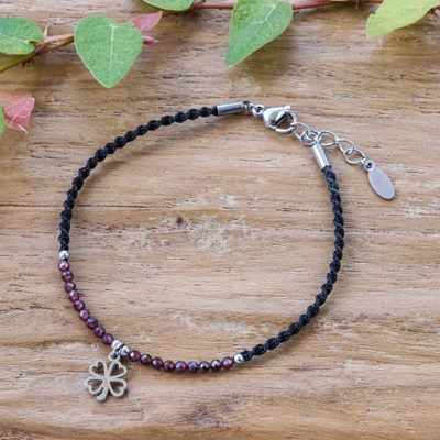 Garnet beaded charm bracelet, 'Lucky Liaison' - Good Luck Clover-Themed Charm Bracelet with Natural Garnet