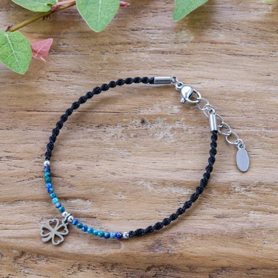 Azure-malachite beaded charm bracelet, 'Lucky Goal' - Four-Leaf Clover Charm Bracelet with Azure-Malachite Jewels