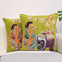 Cotton cushion covers, 'Flowery Day' (pair) - Fair Trade Batik Cotton Cushion Covers (Pair)