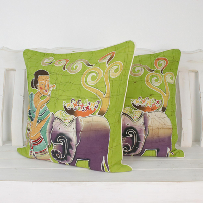 Cotton cushion covers, 'Flowery Day' (pair) - Fair Trade Batik Cotton Cushion Covers (Pair)