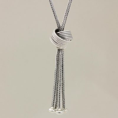 Sterling silver pendant necklace, 'Sterling Marriage' - Sterling Silver Lariat Braided Necklace