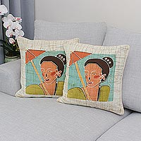 Cotton cushion covers, 'Eastern Women' (pair) - Cotton cushion covers (Pair)