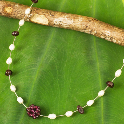 Pearl and garnet pendant necklace, 'Caviar' - Pearl and garnet pendant necklace