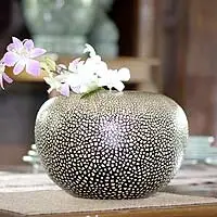 Eggshell mosaic vase, 'Rock Eggs' - Unique Lacquerware Mango Wood Vase