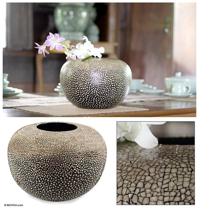 Eggshell mosaic vase, 'Rock Eggs' - Unique Lacquerware Mango Wood Vase