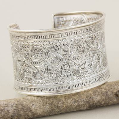 Sterling silver cuff bracelet, 'Moon Flower' - Floral Sterling Silver Cuff Bracelet
