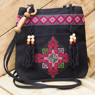 Hill Tribe Embroidered Cotton Shoulder Bag - Mountain Signals | NOVICA