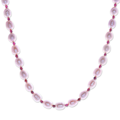 Pearl and garnet strand necklace, 'Sea of Love' - Pearl and garnet strand necklace