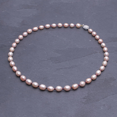 Pearl and garnet strand necklace, 'Sea of Love' - Pearl and garnet strand necklace
