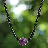 Onyx and amethyst beaded necklace, 'Brilliant'