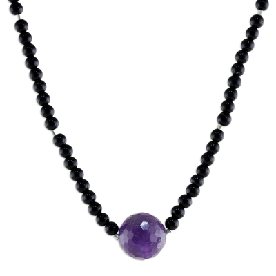 Onyx and amethyst beaded necklace, 'Brilliant' - Unique Beaded Amethyst and Onyx Necklace