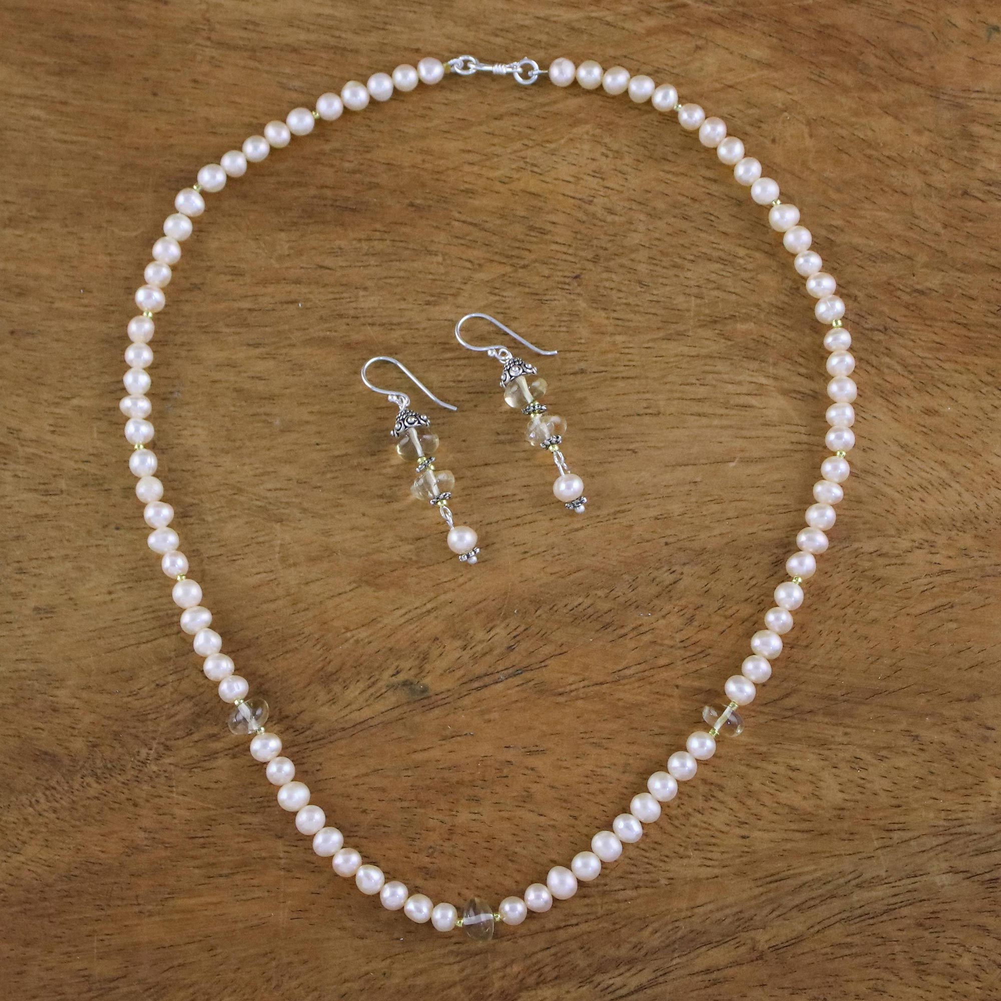 Pearl Earrings and Necklace Jewelry Set - Pink Lemons | NOVICA