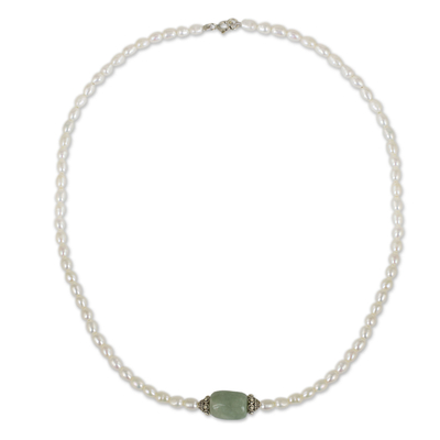 Pearl and jade pendant necklace, 'Touch of Life' - Handcrafted Pearl and Jade Necklace