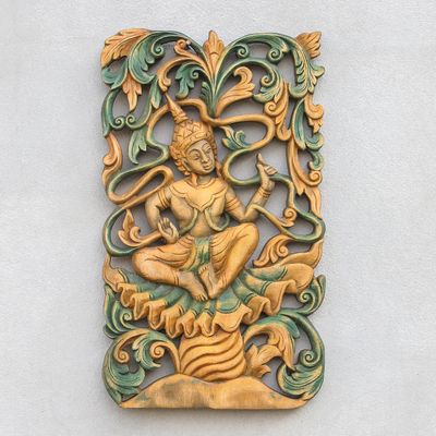 Teakholz-Reliefplatte, „Tanz im Dschungel“. - Handgefertigtes Holzrelief