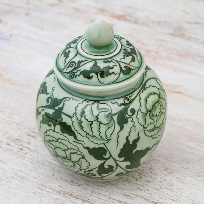 Celadon ceramic jar, 'Blossom Kiss' - Celadon ceramic jar